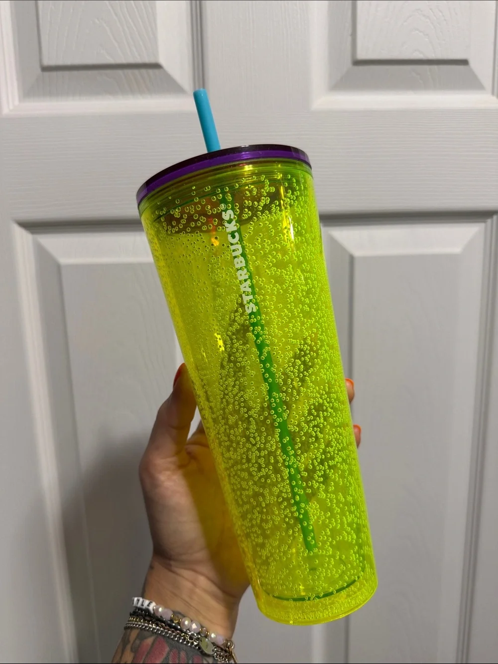 Starbucks Neon Bubble Tumbler with Purple Rim and Blue Straw